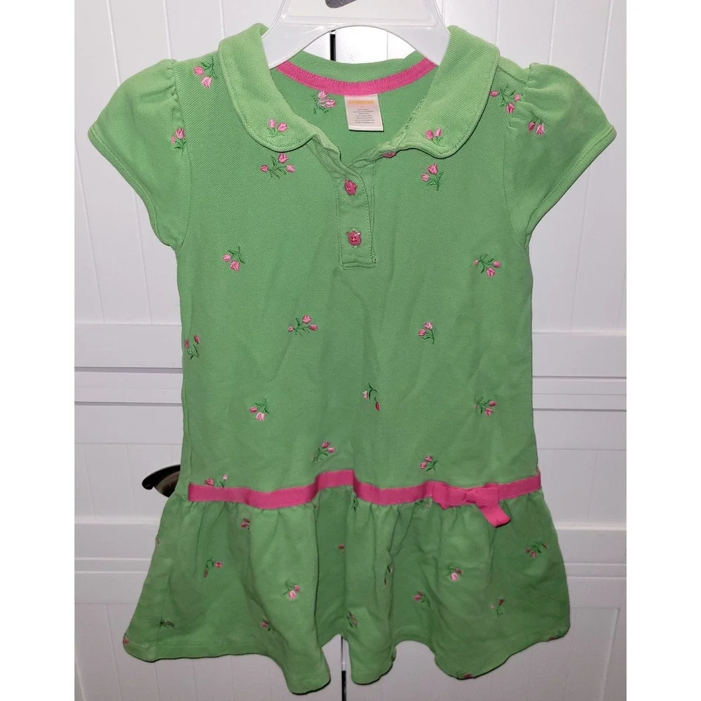 Gymboree Girls Green Pink Floral Embroidered Polo Dress Size 6 Cotton Ruffle Bow